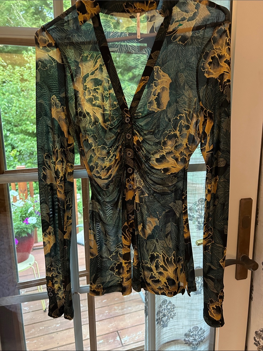 Free People Teal and Mustard Sheer Floral Button-Front Top